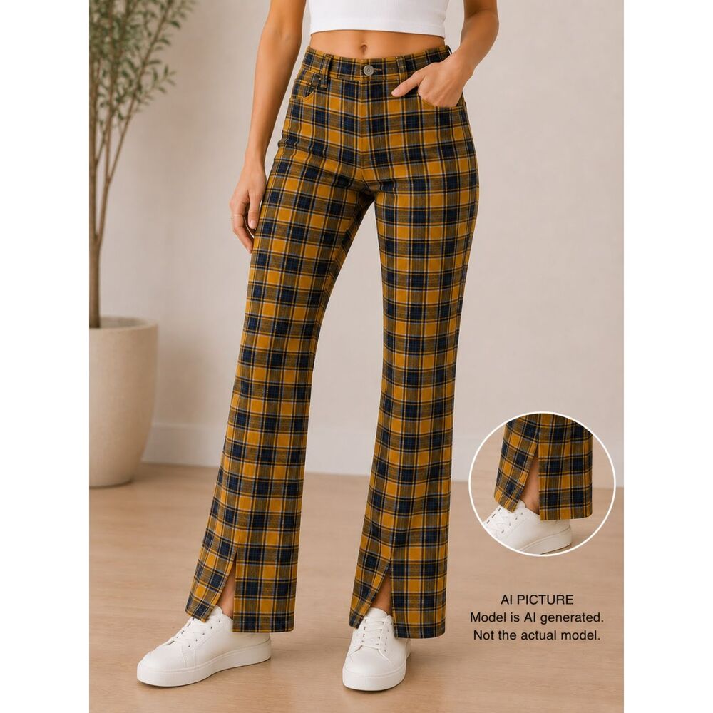 Urban Outfitters Plaid Flare Pants Size 4 Yellow Mustard Split Hem Front Slit - Picture 1 of 13